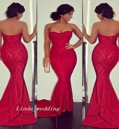 Red Colour Trumpet Mermaid Sweetheart Sleeveless Beading Sweep Brush Train Long Lace Evening Dress2768683