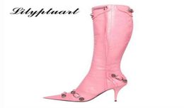 Women Boots Pointed Toe Metal Buckle Zipper Knee Feminine Stiletto Studded High Heel Black Luxury Design Women039s Shoes Size 42755728