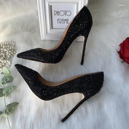 Dress Shoes Spring And Summer Black Rhinestone Pointed Shallow Mouth Sexy Single Slim High Heel Party Large Small Women Shoe