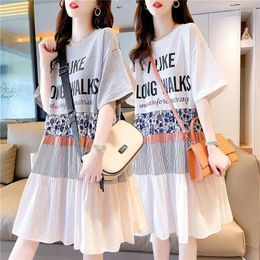 Party Dresses Casual Short Sleeve Letter Female Clothing Summer Loose A-Line Fashion Printed Patchwork Korean Round Neck Midi Dress