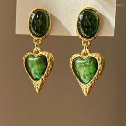 Dangle Earrings Retro French Green Love Metal Luxury High Sense Niche Design Hong Kong Style Ins Earrings.