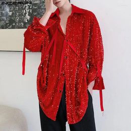Men's Casual Shirts Korean Style Mens Personality Shiny Reflective Design Fashion Thin Long Sleeved Blouse S-5XL INCERUN Tops 2024