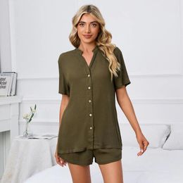 Women's Sleepwear Spring And Summer Solid Color V Neck Loose Button T Shirt Shorts Home Casual Suit Comfy Elastic Waist Fashion Pajama Set