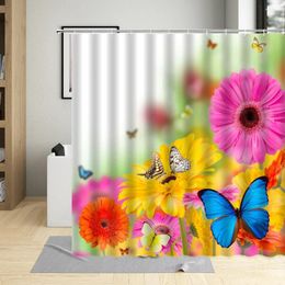 Shower Curtains Butterfly Flowers Bathroom Colourful Floral Plant Polyester Fabric Curtain Waterproof Bathtub Decor With 12 Hooks