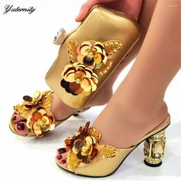 Dress Shoes Summer African Golden Color Woman And Matching Bag Set Italian Elegant Pumps 9CM For Party