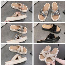 2024 Top Thick soled cross strap cool slippers women white Exquisite sequin sponge cake sole one line trendy slippers