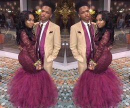 Burgundy Mermaid Black Girls Evening Dresses Long Sleeves Illuiosn Formal Prom Gowns Red Carpet Celebrity Runaway Dress Custom Mad2847040