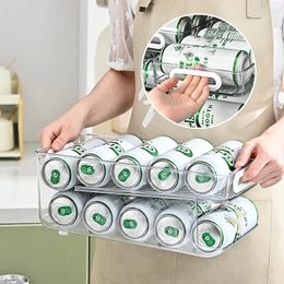 Hooks 2-Tier Rolling Transparent Refrigerator Organiser Bins Soda Can Beverage Bottle Holder Rack For Fridge Kitchen Storage Container