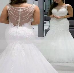 2020 Scoop Mermaid Lace Tulle Wedding Dresses With Applique And Beads Bridal Gowns Sweep Train Plus Size Cheap Wedding Party Dress9833288