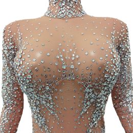 Sexy Long Sleeve Turtleneck Crystal Bodysuit See Through Rompers Pole Dance Leotard Party Women Rhinestone One Piece Jumpsuits