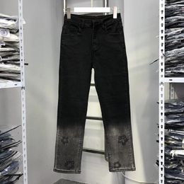 Women's Jeans Colorblock Black Grey Straight For Women 2024 Autumn Winter All-match High Waist Ankle-length Drilling Denim Pants
