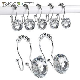 Accessories 12PCS Luxury Bling Round Diamond Double Shower Curtain Hooks Rustproof Crystal Rhinestones Gem Shower Ring for Bathroom Rods