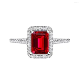 Cluster Rings Rectangular Car Flat Emerald Cut 5 7mm Simulated Ruby Ring For Women 925 Sterling Silver Bracelet