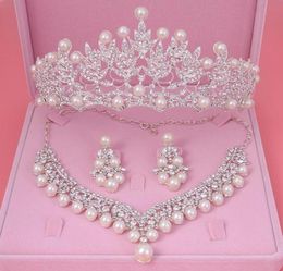 Earrings Necklace Bride Crystal Pearl Costume Jewelery Sets Rhinestone Choker Tiara Bridal Women Pageant Wedding Jewellery SetEarr1697952