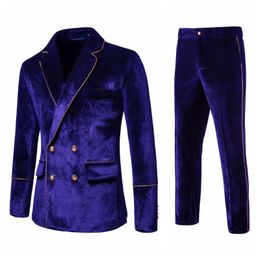 Autumn Winter Mens Gold Velvet Suit Prom Dress Party Wedding Male Luxury Korean Fashion Solid Jacket trousers Two Piece Set 240407