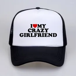 Ball Caps Funny I Love My Crazy Girlfriend GF Red Heart Hat Fashion Birthday Gift Baseball Cap Summer Style Mesh Breathable Trucker Hats