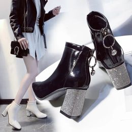 Shoes Fall/winter Women Woman 220 Square Short Toe High Heeled Boots Rhinestone Chunky Heel Female Booties Large Size 240407 175