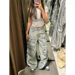 Women's Jeans Summer Light Retro Multi-Pocket Overalls Straight Leg Loose Street Wide Mop Trousers High Waist Button Zipper