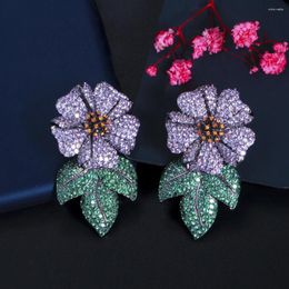 Dangle Earrings ThreeGraces Trendy Purple Green Cubic Zirconia Big Flower Leaf For Women Wedding Party Jewelry Accessories E1798