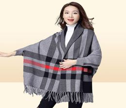 ZJZLL Fashion Long Fringed Multicolor Winter Warm Shawl And Wrap With Sleeves Plaid Knitted Pashmina Striped Cape Sweater Poncho Y9400111