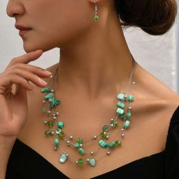 Womens New Bohemian National Style Crystal Pine Shell Multi-layer Necklace Earring Set