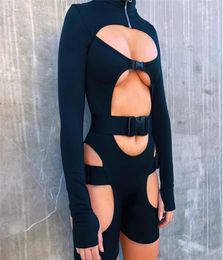 Women Bodycon Buckle Cut Out Biker Rompers Sexy Long Sleeves Hollow Out Clubwear Bodysuit One Piece Short Jumpsuit Pants7494969