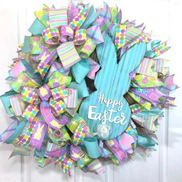 Decorative Figurines Blue Wooden Hanging Wreath For Wall Front Door Living Room Home Decoration Happy Easter Letter Cartoon