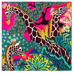 POBING Manual Hand Rolled Twill Silk Scarf Women Three Giraffes Square Scarves Echarpes Foulards Femme Wrap Bandana Hijab 90CM 2011435790