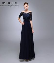 Real Picture Navy Blue Evening Dresses 2016 Half Sleeve Beaded Chiffon Formal Mother of the Bride Groom Dresse Appliqued Lace Form3212268