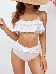 Women's Swimwear 2024 Sexy Bikini Set High Waist Solid White Women Push Up Ruffles Swimsuit Female Biquini Bathing Suit Beachwear