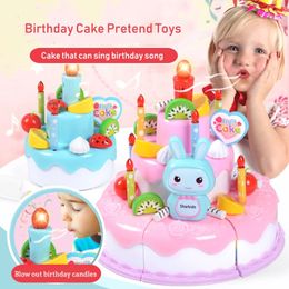 Kids Toy Simulation DIY Birthday Cake Model Kitchen Pretend Play Cutting Fruit Food With Light And Music For Childs Gift y240407