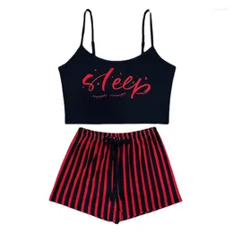 Home Clothing Women Long Sleepwear Suit Adult Pyjamas Set Summer Thin Pink Black Red Letter Patterns Sexy Sleeveless Shorts Homewear