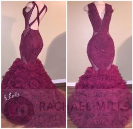 2018 Wine Red New Mermaid Corset Prom Dresses Sexy Deep Vneck Appliques Ruffle Skirt Tiered Laceup Party Reception Evening Pagea4902210