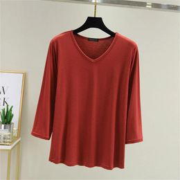 Women's T Shirts Autumn Homewear V-neck Thin Bottom Loose T-shirt Women Korean Style Modal 3/4 Sleeve Female Spring And Summer Clothes