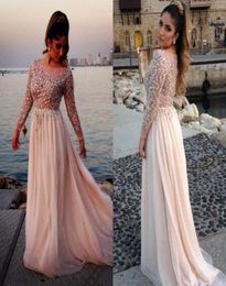 Elie Saab Designer Crystal Beaded Prom Dresses Sheer Bateau Neck Long Sleeves ALine Chapel Train Chiffon Evening Gowns Celebrity 7361962