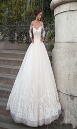 Off the Shoulder Long Sleeves Wedding Dress Tulle VNeck Backless Pearls Belt Appliqes Lace Ball Gown Court Train Custom Bridal Go3792051