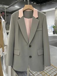 Women's Suits LANMREM Grey Patchwork Blazers For Women Contrasting Color Single Breasted Suit Jacket Niche Design 2024 2DA5206