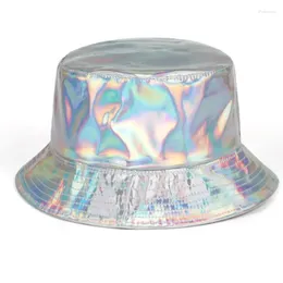 Berets Women Men Faux Leather Harajuku Hip Hop Bucket Glitter Metallic