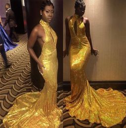 African Mermaid Prom Dresses 2018 High Neck Sequined Shinning Backless Evening Gowns 2K18 Count Train Cheap Saudi Arabic Cocktail 6657230