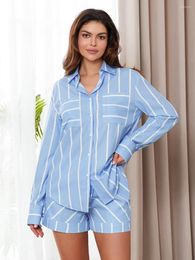 Home Clothing Women Y2k Pyjama Set 2 Piece Striped Short Oversized Button Down Shirts And Shorts Lounge Matching Sets