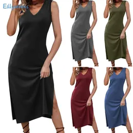 Casual Dresses Summer Tank Dress Simple Solid Color V Neck Slit Long Women Fashion Loose Comfy Elegant Maxi Vest