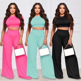 Women Beach Outlet 2024 Summer Sundress Solid Colour Crop Short High Waist Loose Trousers Two Piece Set Polyester All For Clothes