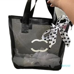 Designer Black White Mesh Shoulder Bag women fashion Shopping Bag Classic Letter Transparent Wash Ribbon decoration Beach