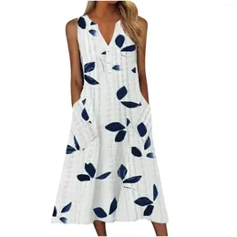 Casual Dresses Tank Dress For Women V Neck Leaf Print Button Down Summer Sleeveless Loose Swing Midi With Pockets Vintage