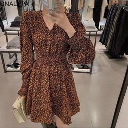 Casual Dresses Onalippa Vintage Floral Bottoming Dress Puff Long Sleeves Elastic Waist A Line Summer Korean Sweet Women Clothing