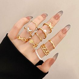 Korean Jewelry World Ring Set of 10 Pieces with Gold Inlaid Diamonds, Butterfly Pearls, Hollowed Out Rings