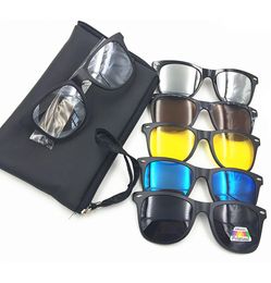 New 5 in 1 Men Polarised Magnetic Sunglasses Clip TR90 Retro Frame Eyewear Night Vision Driving Optical Glasses With Bag8120144