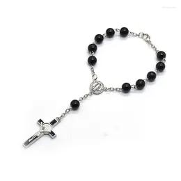 Link Bracelets Black Glass Beads Rosary For Cross Pendant Bracelet Catholicism Prayer Religious Jewellery Family Elders S