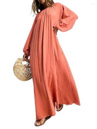 Casual Dresses Women Solid Colour Puff Sleeve Maxi Dress O Neck Long Big Boho Iered Layered Swing Loose Holiday Sundress