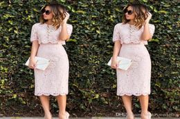 2019 Cheap Tea Length Lace Pink Cocktail Dress Sheath Two Pieces Short Holiday Club Wear Homecoming Party Dress Plus Size Custom M9615712